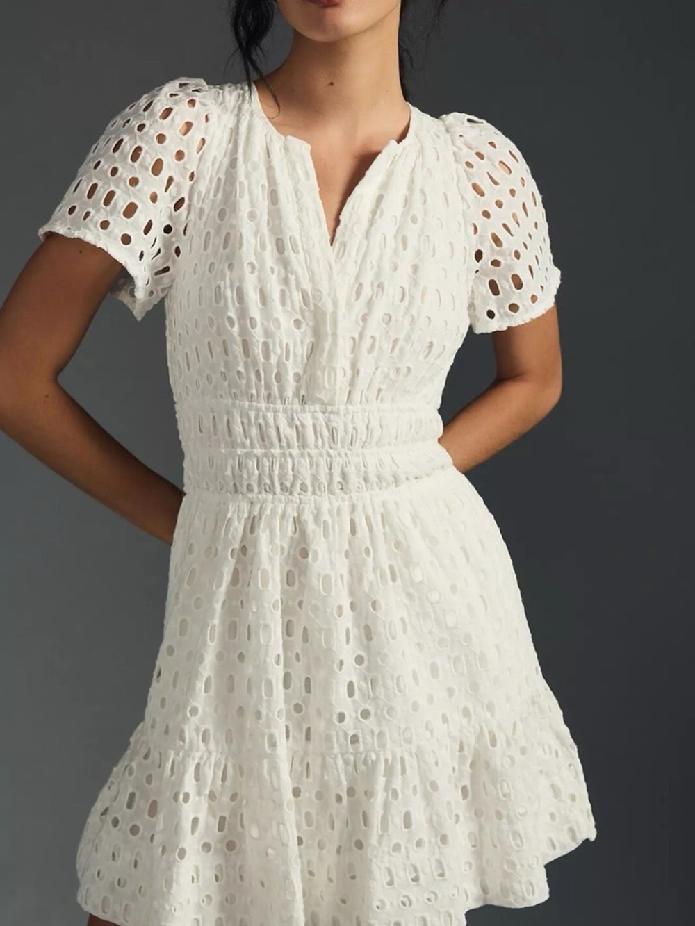 Anthropologie Eyelet V-Neck White Summer Dress